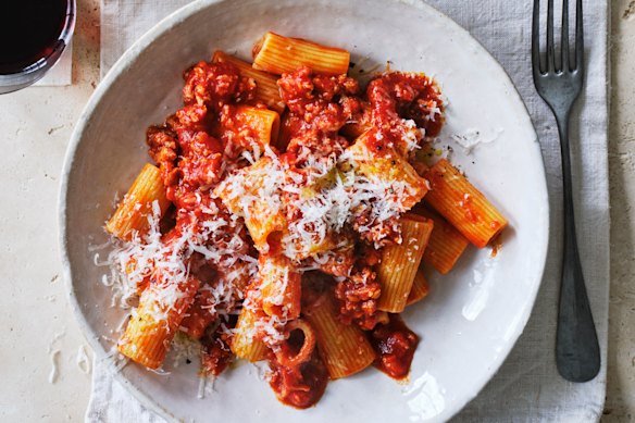 Danielle Alvarez’s rigatoni with sausage, red wine and tomato ragu.