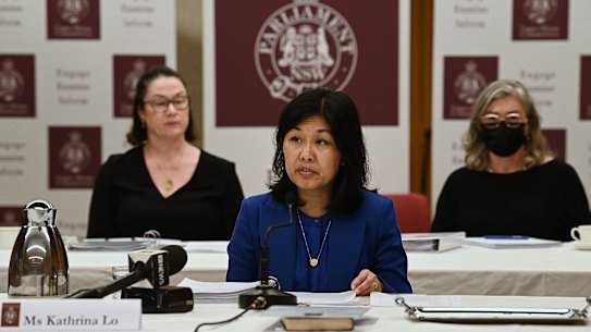 Public Sector Commissioner Kathrina Lo (centre) gives evidence.