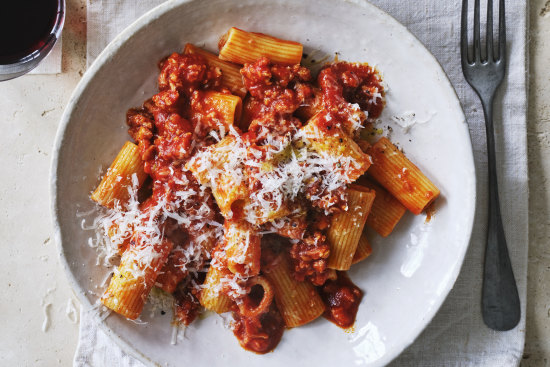 Danielle Alvarez’s rigatoni with sausage, red wine and tomato ragu.