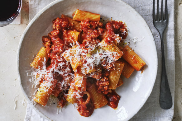 Danielle Alvarez’s rigatoni with sausage, red wine and tomato ragu.