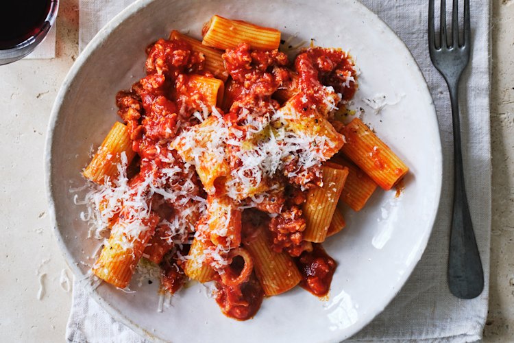 Danielle Alvarez’s rigatoni with sausage, red wine and tomato ragu.
