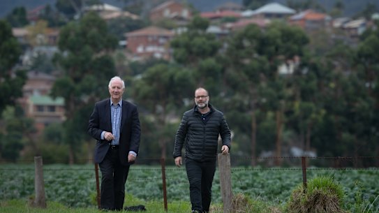 The Age, News. Peri urban farmland. Michael Buxton and Andrew Butt.The pair have written a book on peri-urban areas that has just been released by CSIRO about the vital need for cities to protect food-producing rural areas on the urban fringe Pic Simon Schluter 4 April 2020.