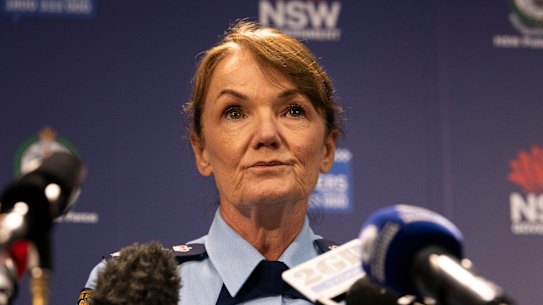 Police Commissioner Karen Webb addresses the media after Senior Constable Kristian White was found guilty by a jury of the manslaughter of 95-year-old Clare Nowland, who he Tasered as she held a knife in her regional NSW nursing home. Sydney, November 27, 2024. Photo: Rhett Wyman / SMH