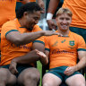 DUNEDIN, NEW ZEALAND - AUGUST 04: Pone Fa’amausili and Tate McDermott share a moment during the Australia Wallabies Captain’s Run at Logan Park on August 04, 2023 in Dunedin, New Zealand. (Photo by Joe Allison/Getty Images)