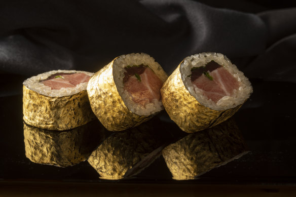 Gold-leaf maguro rolls.