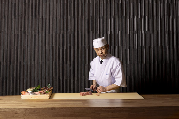 Koichi Minamishima behind the omakase counter at Minamishima in Richmond.