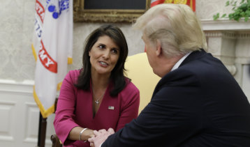 US President Donald Trump meets outgoing US Ambassador to the United Nations Nikki Haley in the Oval Office on Tuesday.
