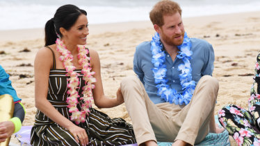 The Duke and Duchess of Sussex, wearing a dress by local designer Martin Grant, during their Australian visit in 2018.