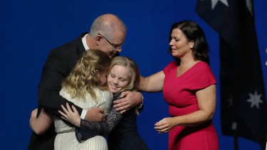 Prime Minister Scott Morrison with wife Jenny and daughters Abbey and Lily. 
