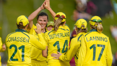 Tahlia McGrath (centre) and her Australian teammamtes celebrate en route to Sunday’s World Cup final against England.