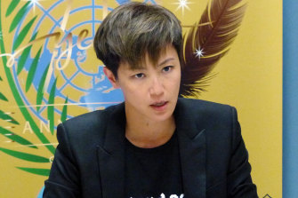Hong Kong pop singer Denise Ho speaks out against China at the UN building in Geneva.