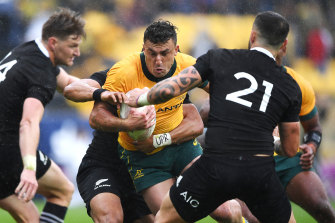 Tom Banks in action for the Wallabies against the All Blacks in 2020.