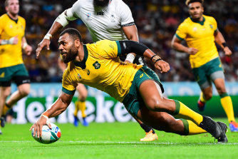 Samu Kerevi scores against Fiji in Australia’s opening clash at the World Cup. He hasn’t played for the national 15-man side since that 2019 tournament.