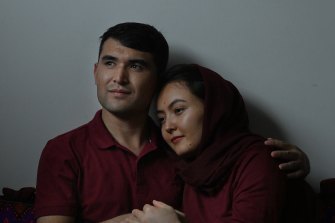 Fatima Alizada is reunited with her husband Mohammad at her home in western Sydney after he escaped from Afghanistan. 