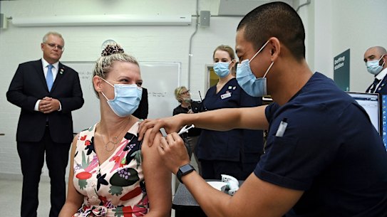 Prime Minister Scott Morrison watched a simulation of the vaccination process at RPA in Sydney on Friday.