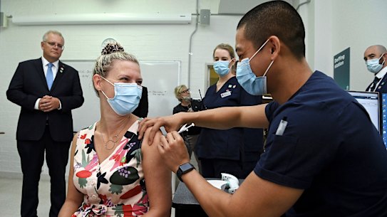 Scott Morrison watched a simulation of the vaccination process at RPA in Sydney on Friday.