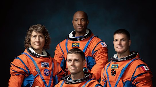 From left, NASA Astronauts Christina Koch, Victor Glover, Reid Wiseman, and Canadian Space Agency Astronaut Jeremy Hansen.