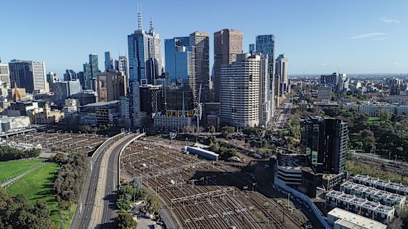 The Treasury Square site is located on the southern side of Flinders Street next to the rail corridor, and spans the area between Exhibition and Flinders streets, and Wellington Parade South.