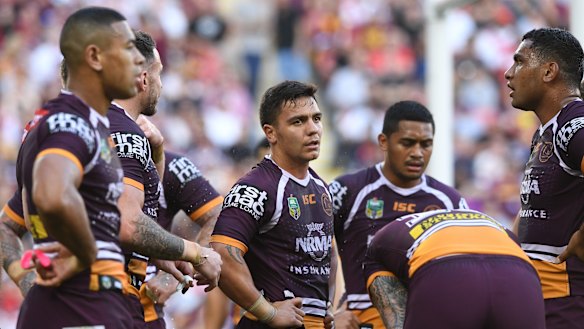 Centrepiece: Kodi Nikorima's (centre) fortunes will go a long way towards deciding Brisbane's fate.
