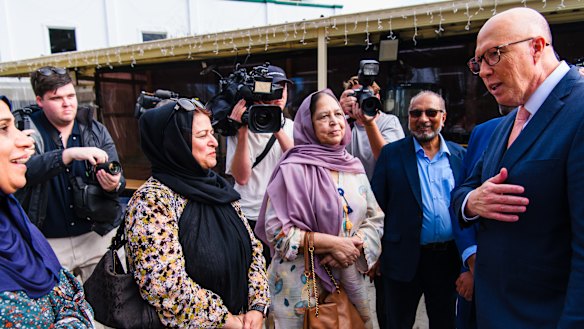 Opposition leader Peter Dutton visits the Al Madinah Mosque in Leppington, Sydney, on Sunday.
