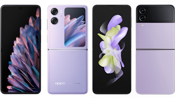 (Left) The Find N2 Flip front and back; (right) the Galaxy Z Flip4.