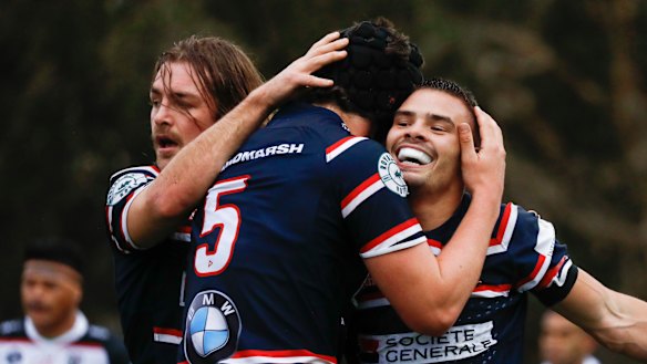 Eastern Suburbs back-rower Charlie Smith celebrates a try in his side's recent 36-10 win over West Harbour. 