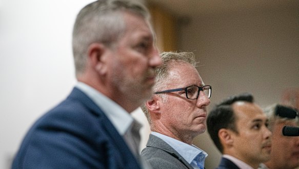 Adrian Fahy, Executive Director, Quality Clinical Safety and Nursing, Western NSW Health,  Scott McLachlan, Chief executive, Western NSW Local Health District and Dr Shannon Nott, Rural Health Director of  Medical Services,  speaking during the Inquiry into health outcomes and access to health and hospital services in rural, regional and remote  NSW. 