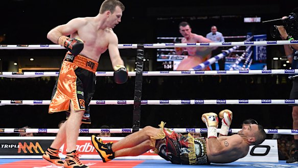 Over and out: Jeff Horn floors Anthony Mundine.