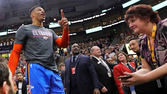 Russell Westbrook, then with the Oklahoma City, gets into a heated verbal altercation with fans at Vivint Smart Home Arena on March 11.