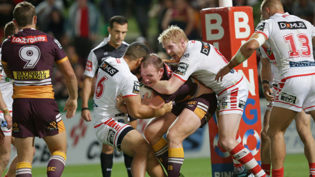 Controversy: Matt Lodge copped plenty during his NRL comeback against the Dragons in March.