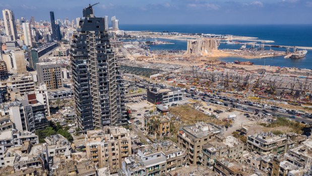 An aerial view of heavily damaged buildings near the blast site.