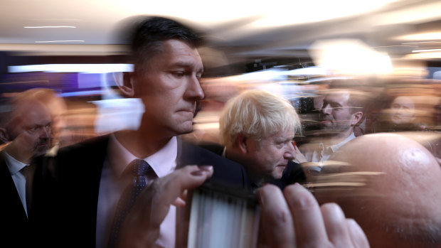 UK Prime Minister and Conservative Party leader Boris Johnson in action at the launch of the Conservative Party's Scottish manifesto in North Queensferry, Scotland. 