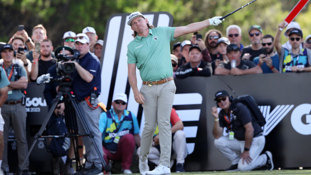 Cameron Smith, captain of the Rippers indicates his ball has gone left off the fairway on the third during day one of Liv Golf Adelaide at The Grange Golf Course.