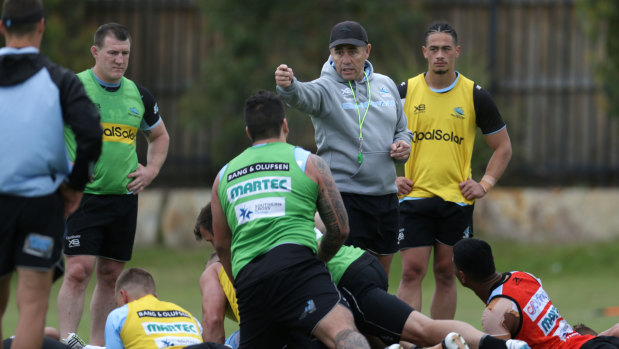 Facing exile: Shane Flanagan oversees a Sharks pre-season training session.