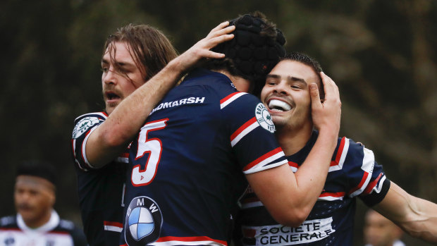 Eastern Suburbs back-rower Charlie Smith celebrates a try in his side's recent 36-10 win over West Harbour. 