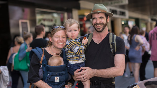 Jaye and Judah Ryan with their two children Lier (5 months) and Tavi (2 years) decided not to buy anything in Bourke Street Mall. 