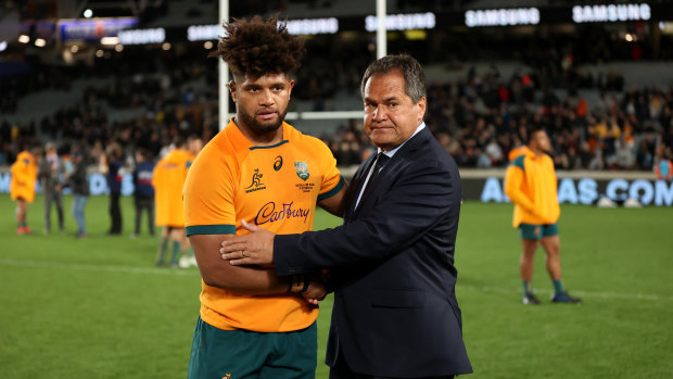 Dave Rennie consoles Rob Valetini at Eden Park following a 26-point defeat last month. 