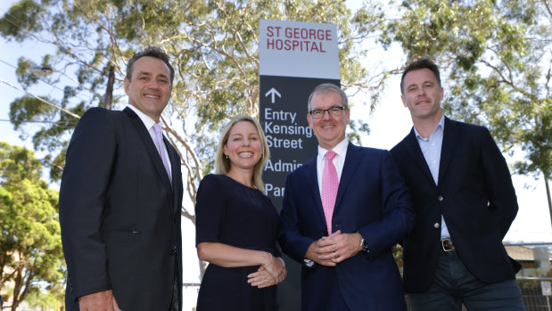 Opposition Leader Michael Daley (third from left) at St George Hospital with Member for Rockdale Steve Kamper, Labor candidate for Oately Lucy Mannering, and Member for Kogarah Chris Minns. 