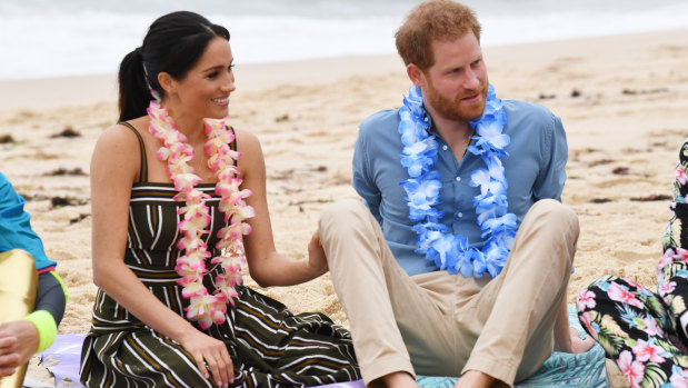 The Duke and Duchess of Sussex, wearing a dress by local designer Martin Grant, during their Australian visit in 2018.