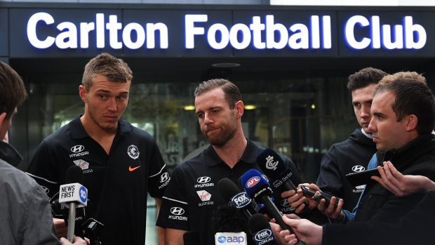 Carlton co-captain Sam Docherty (centre) says he called Brendon Bolton to thank him for what he did at Carlton.