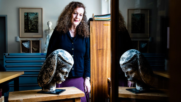 National Art School curator Deborah Beck with Anita Aarons’ sculpture Portrait bust of a woman 1939, which was returned to the school in 2015 after it was removed sometime in the 1980s. It is now on display in the NAS Archive and Collection rooms. 