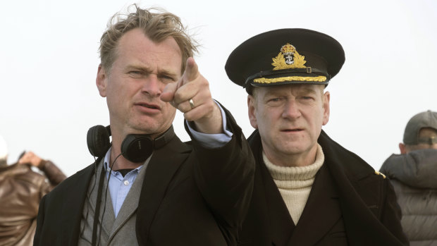 Christopher Nolan, left, on the set of his 2017 film Dunkirk with actor Kenneth Branagh. 