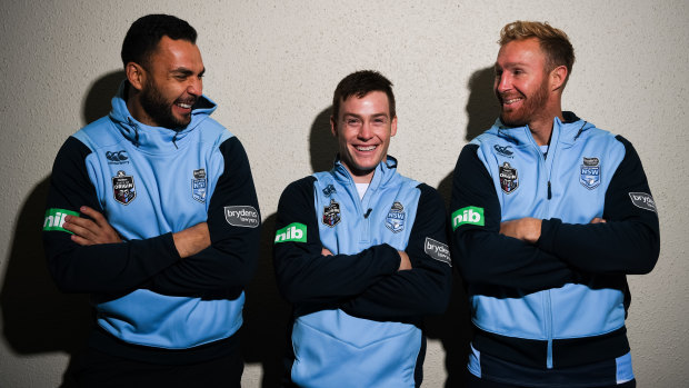 Middle man: Luke Keary with Ryan James and Matt Prior in the Blues squad in 2018. 