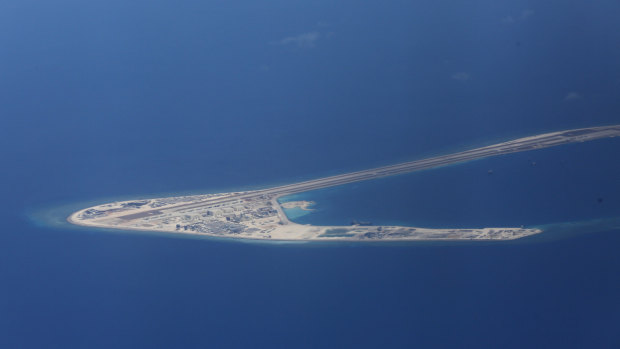 Chinese structures and an airstrip on the man-made Subi Reef in the South China Sea.