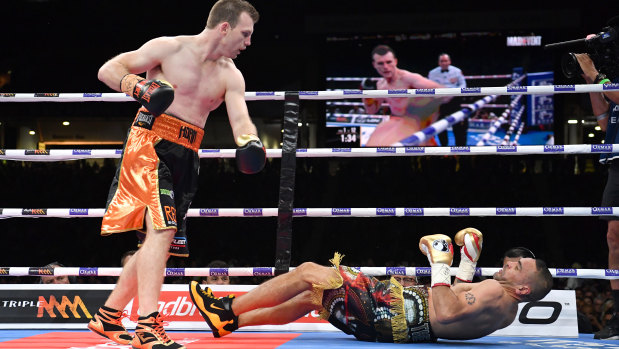 Over and out: Jeff Horn floors Anthony Mundine.