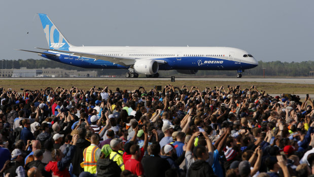Boeing employees at North Charleston during the Dreamliner's first flight.