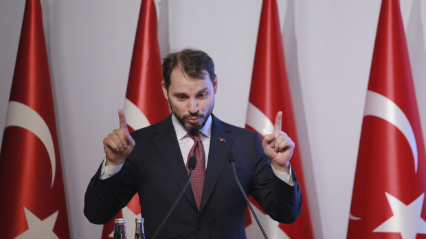 Turkish Treasury and Finance Minister Berat Albayrak, who is the president's son-in-law, tries to allay investor concerns earlier this month.