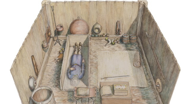 An artist's impression of the tomb which contained 40 artefacts including treasures from other kingdoms in an Anglo-Saxon Christian burial chamber at Prittlewell.
