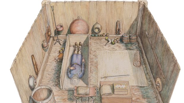 An artist's impression of the tomb which contained 40 artefacts including treasures from other kingdoms in an Anglo-Saxon Christian burial chamber at Prittlewell.