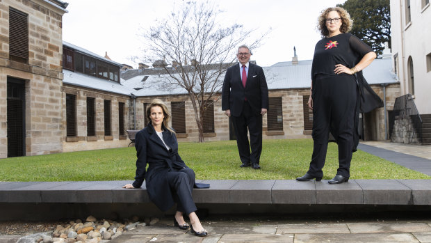 Rachel Griffiths, NSW Arts Minister Don Harwin and Leah Purcell at the launch of the scheme to encourage more women directors in television.